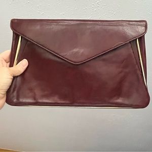 Vintage Leather Clutch Trio pockets Red Wine colored gold trim 1980’s